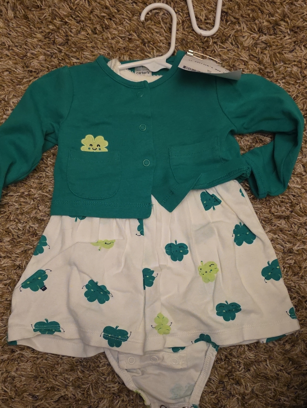 Green Clover Print Baby Dress with Cardigan